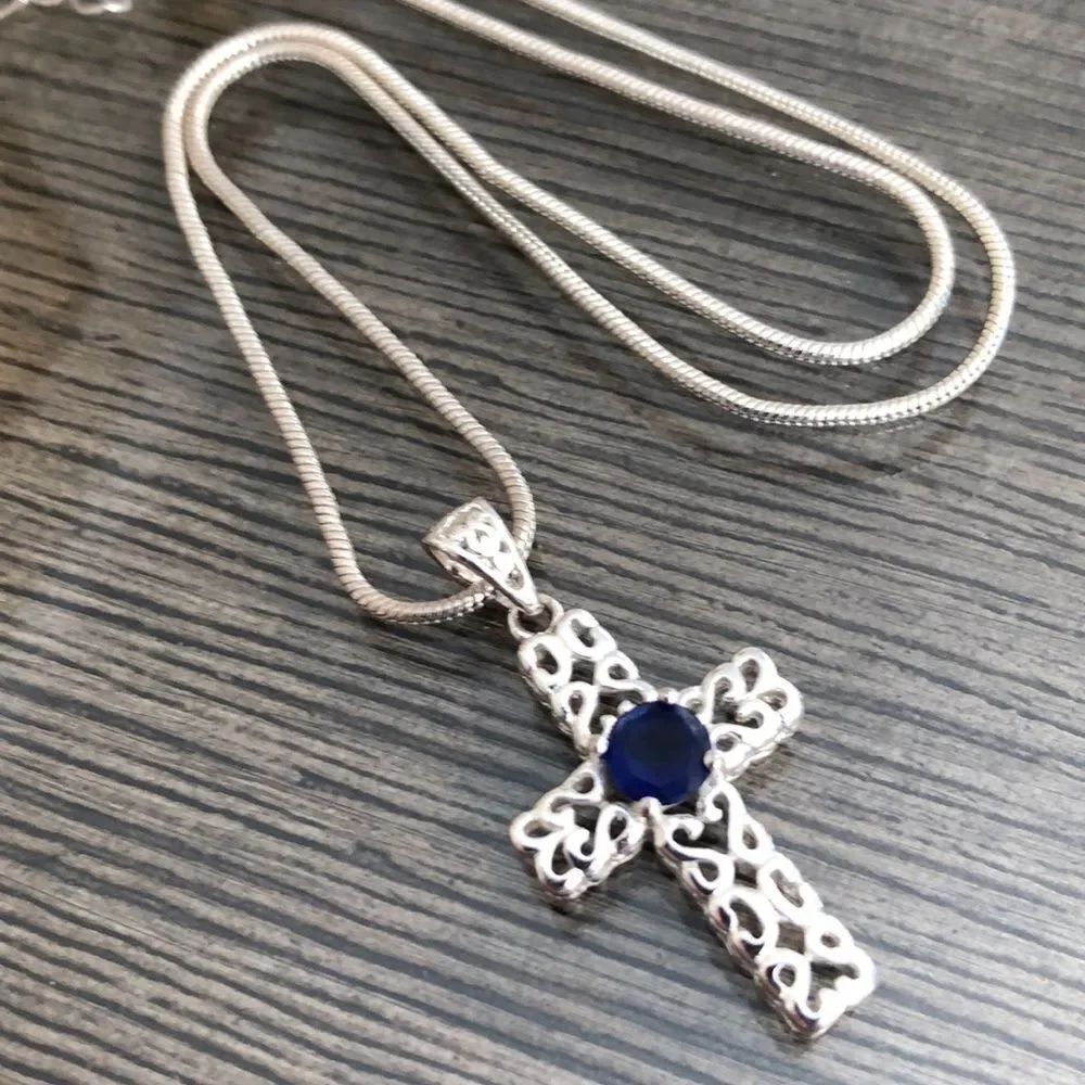 Silver Plated Filigree Scroll Cross Faux Shapphire